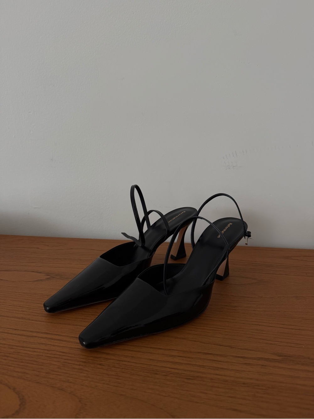 New Reformation Black Patent Slingback Pointed-Toe Heels